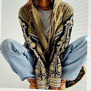 Free People Golden Quills Embellished Embroidered Green Parka Military Jacket XS